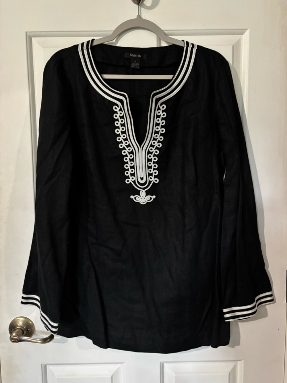 Stylish Black Embroidered V-Neck Women's Tunic. Beautiful details. 100% linen.
